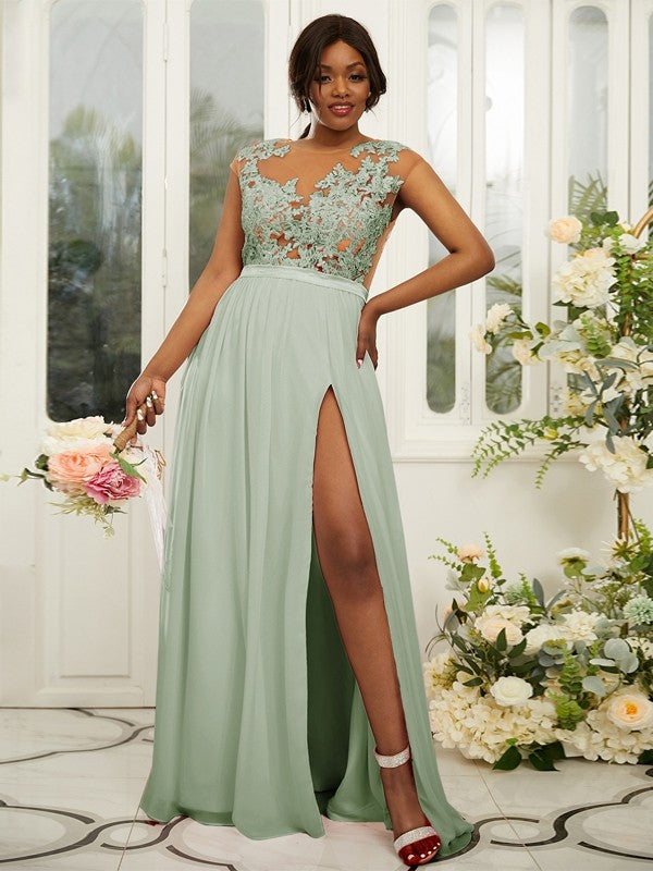 A-Line/Princess Chiffon Applique Scoop Sleeveless Floor-Length Bridesmaid Dresses Evening Prom Dress