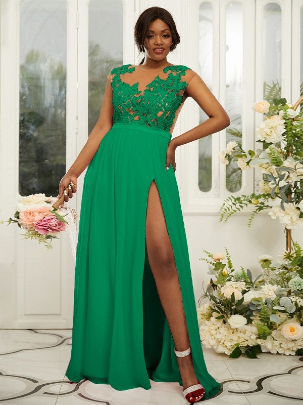 A-Line/Princess Chiffon Applique Scoop Sleeveless Floor-Length Bridesmaid Dresses Evening Prom Dress