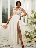 A-Line/Princess Chiffon Applique Scoop Sleeveless Floor-Length Bridesmaid Dresses Evening Prom Dress