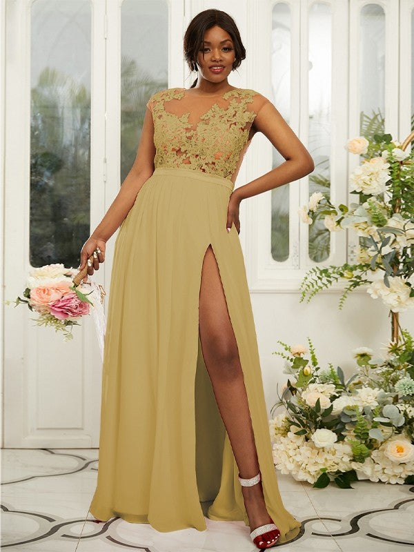 A-Line/Princess Chiffon Applique Scoop Sleeveless Floor-Length Bridesmaid Dresses Evening Prom Dress