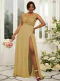 A-Line/Princess Chiffon Applique Scoop Sleeveless Floor-Length Bridesmaid Dresses Evening Prom Dress
