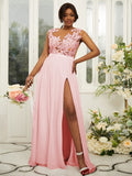 A-Line/Princess Chiffon Applique Scoop Sleeveless Floor-Length Bridesmaid Dresses Evening Prom Dress