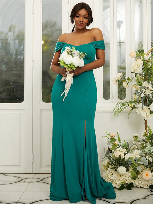 Sheath/Column Jersey Ruffles Off-the-Shoulder Sleeveless Sweep/Brush Train Bridesmaid Dresses Evening Dress