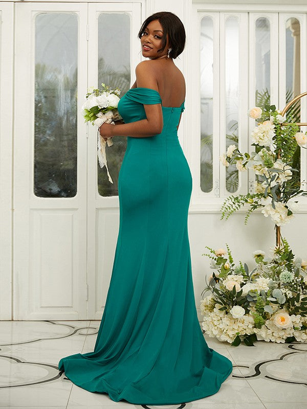 Sheath/Column Jersey Ruffles Off-the-Shoulder Sleeveless Sweep/Brush Train Bridesmaid Dresses Evening Dress