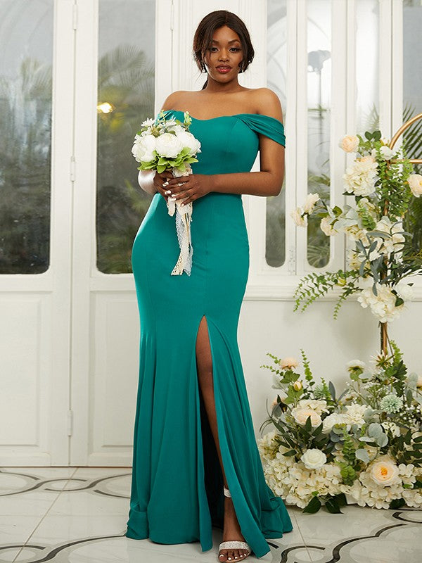 Sheath/Column Jersey Ruffles Off-the-Shoulder Sleeveless Sweep/Brush Train Bridesmaid Dresses Evening Dress