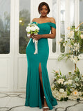 Sheath/Column Jersey Ruffles Off-the-Shoulder Sleeveless Sweep/Brush Train Bridesmaid Dresses Evening Dress