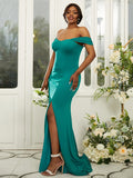 Sheath/Column Jersey Ruffles Off-the-Shoulder Sleeveless Sweep/Brush Train Bridesmaid Dresses Evening Dress
