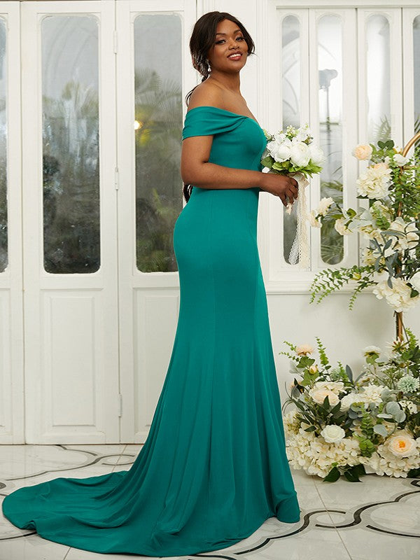 Sheath/Column Jersey Ruffles Off-the-Shoulder Sleeveless Sweep/Brush Train Bridesmaid Dresses Evening Dress