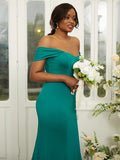 Sheath/Column Jersey Ruffles Off-the-Shoulder Sleeveless Sweep/Brush Train Bridesmaid Dresses Evening Dress
