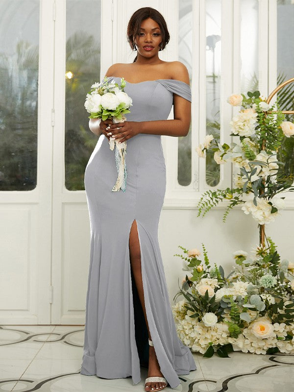 Sheath/Column Jersey Ruffles Off-the-Shoulder Sleeveless Sweep/Brush Train Bridesmaid Dresses Evening Dress
