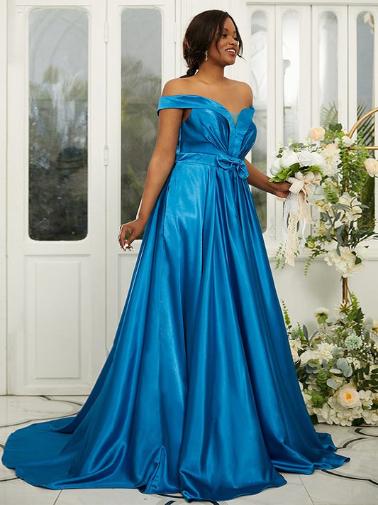 A-Line/Princess Silk like Satin Ruffles Off-the-Shoulder Sleeveless Sweep/Brush Train Bridesmaid Dresses Evening Dress