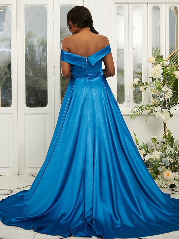 A-Line/Princess Silk like Satin Ruffles Off-the-Shoulder Sleeveless Sweep/Brush Train Bridesmaid Dresses Evening Dress
