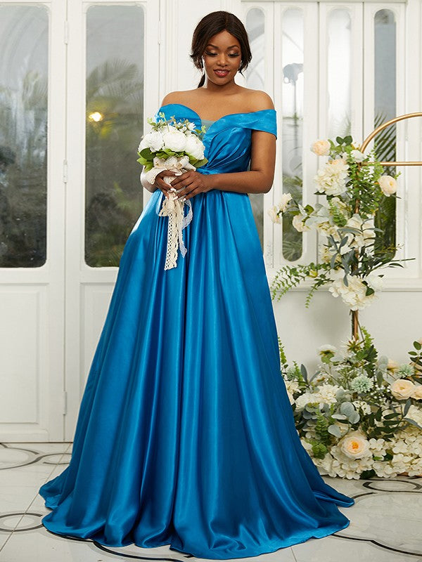 A-Line/Princess Silk like Satin Ruffles Off-the-Shoulder Sleeveless Sweep/Brush Train Bridesmaid Dresses Evening Dress