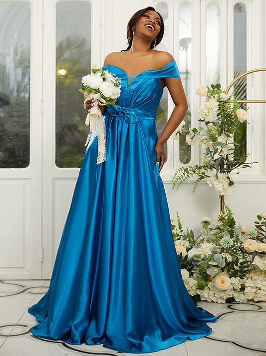 A-Line/Princess Silk like Satin Ruffles Off-the-Shoulder Sleeveless Sweep/Brush Train Bridesmaid Dresses Evening Dress