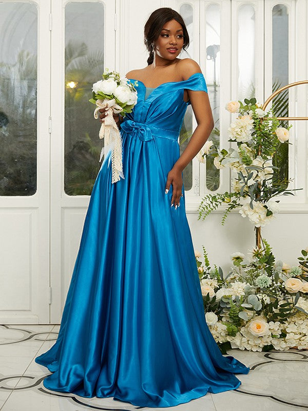 A-Line/Princess Silk like Satin Ruffles Off-the-Shoulder Sleeveless Sweep/Brush Train Bridesmaid Dresses Evening Dress