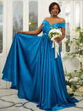 A-Line/Princess Silk like Satin Ruffles Off-the-Shoulder Sleeveless Sweep/Brush Train Bridesmaid Dresses Evening Dress