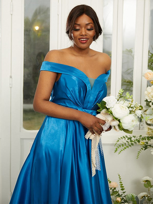 A-Line/Princess Silk like Satin Ruffles Off-the-Shoulder Sleeveless Sweep/Brush Train Bridesmaid Dresses Evening Dress