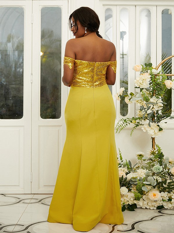 Sheath/Column Stretch Crepe Sequin Off-the-Shoulder Sleeveless Floor-Length Bridesmaid Dresses Evening Dress