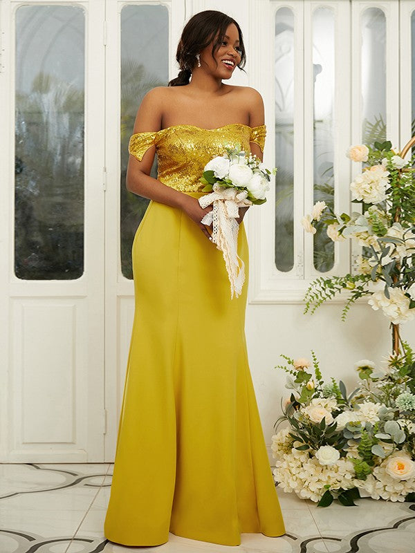 Sheath/Column Stretch Crepe Sequin Off-the-Shoulder Sleeveless Floor-Length Bridesmaid Dresses Evening Dress
