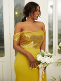 Sheath/Column Stretch Crepe Sequin Off-the-Shoulder Sleeveless Floor-Length Bridesmaid Dresses Evening Dress