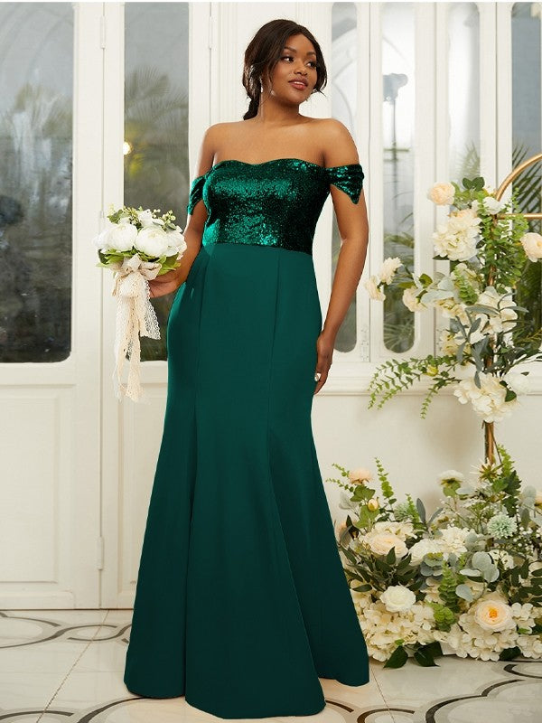 Sheath/Column Stretch Crepe Sequin Off-the-Shoulder Sleeveless Floor-Length Bridesmaid Dresses Evening Dress