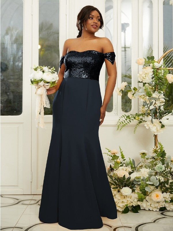 Sheath/Column Stretch Crepe Sequin Off-the-Shoulder Sleeveless Floor-Length Bridesmaid Dresses Evening Dress