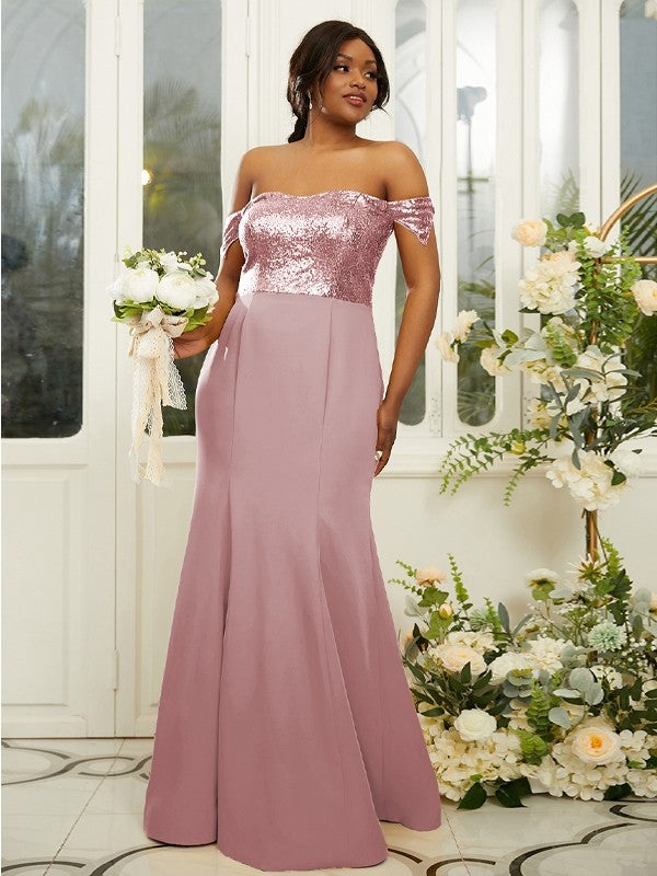 Sheath/Column Stretch Crepe Sequin Off-the-Shoulder Sleeveless Floor-Length Bridesmaid Dresses Evening Dress