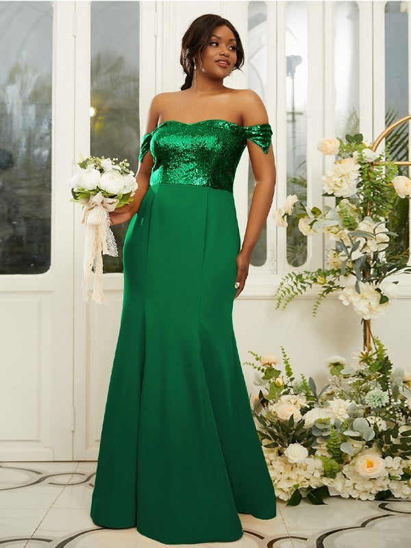 Sheath/Column Stretch Crepe Sequin Off-the-Shoulder Sleeveless Floor-Length Bridesmaid Dresses Evening Dress