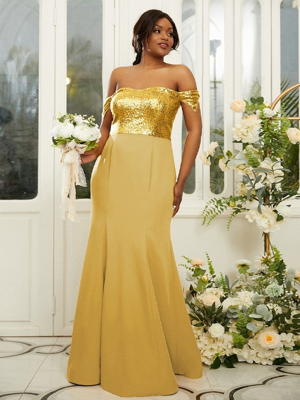 Sheath/Column Stretch Crepe Sequin Off-the-Shoulder Sleeveless Floor-Length Bridesmaid Dresses Evening Dress