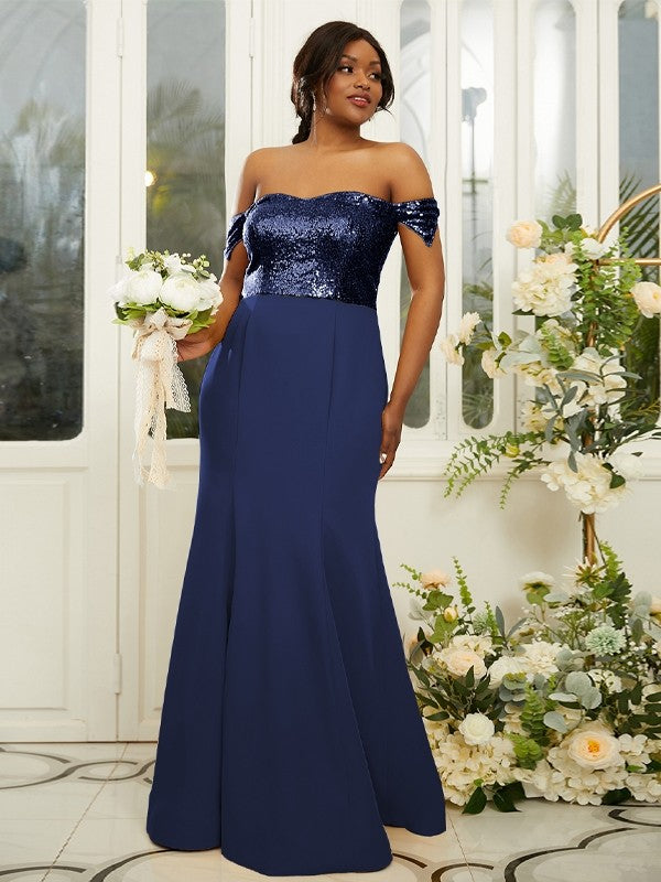 Sheath/Column Stretch Crepe Sequin Off-the-Shoulder Sleeveless Floor-Length Bridesmaid Dresses Evening Dress