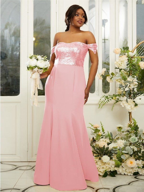Sheath/Column Stretch Crepe Sequin Off-the-Shoulder Sleeveless Floor-Length Bridesmaid Dresses Evening Dress