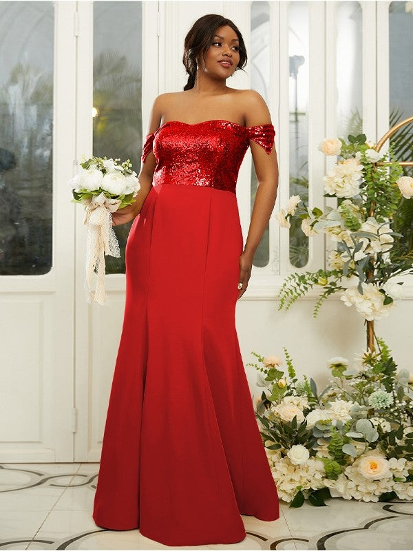Sheath/Column Stretch Crepe Sequin Off-the-Shoulder Sleeveless Floor-Length Bridesmaid Dresses Evening Dress
