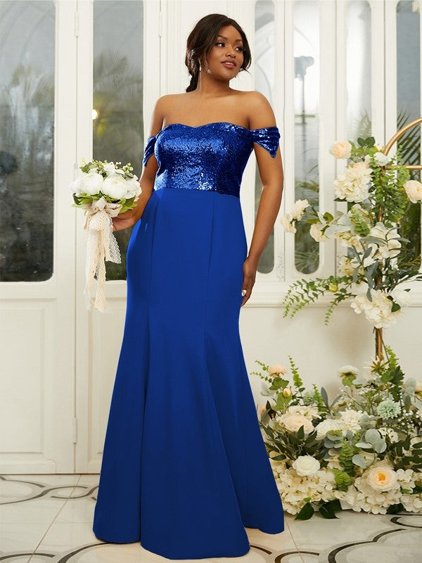 Sheath/Column Stretch Crepe Sequin Off-the-Shoulder Sleeveless Floor-Length Bridesmaid Dresses Evening Dress