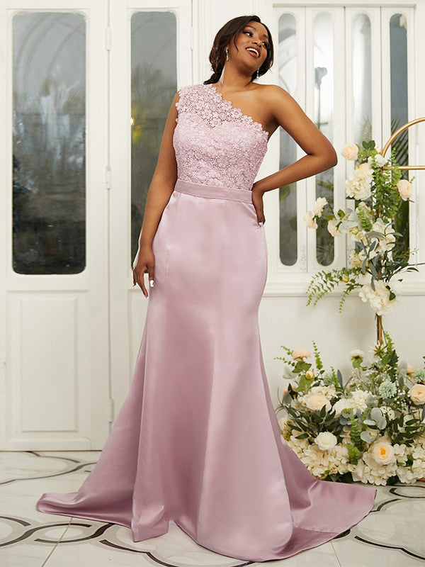 Sheath/Column Satin Lace One-Shoulder Sleeveless Sweep/Brush Train Bridesmaid Dresses Evening Dress