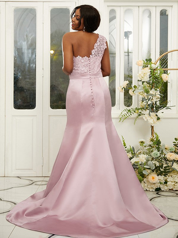 Sheath/Column Satin Lace One-Shoulder Sleeveless Sweep/Brush Train Bridesmaid Dresses Evening Dress