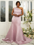 Sheath/Column Satin Lace One-Shoulder Sleeveless Sweep/Brush Train Bridesmaid Dresses Evening Dress