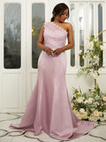 Sheath/Column Satin Lace One-Shoulder Sleeveless Sweep/Brush Train Bridesmaid Dresses Evening Dress