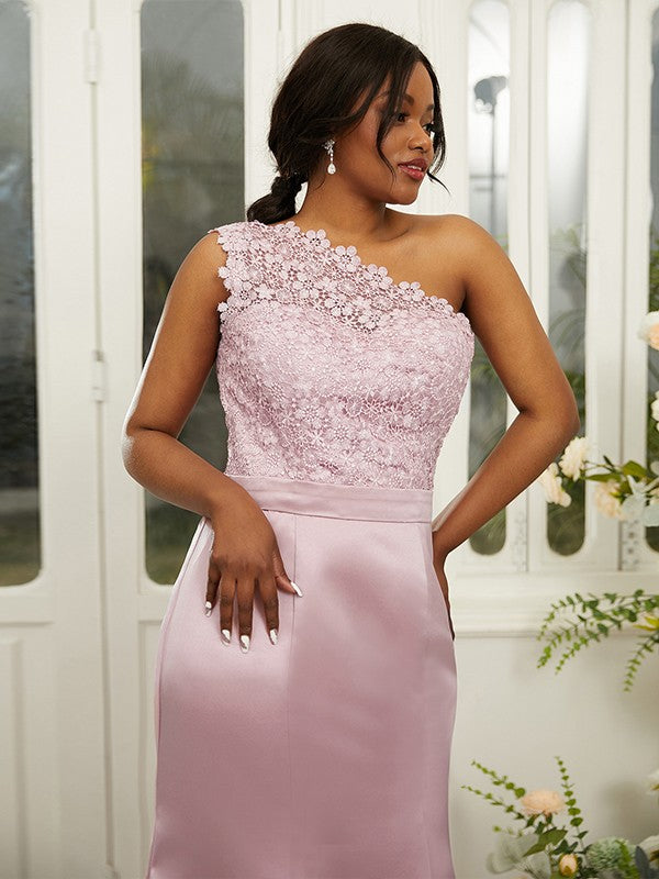 Sheath/Column Satin Lace One-Shoulder Sleeveless Sweep/Brush Train Bridesmaid Dresses Evening Dress
