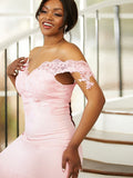 Sheath/Column Stretch Crepe Lace Off-the-Shoulder Sleeveless Floor-Length Bridesmaid Dresses Evening Formal Dress