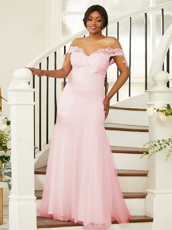 Sheath/Column Stretch Crepe Lace Off-the-Shoulder Sleeveless Floor-Length Bridesmaid Dresses Evening Formal Dress