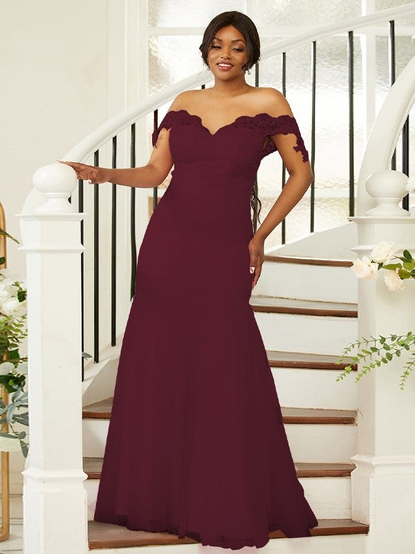 Sheath/Column Stretch Crepe Lace Off-the-Shoulder Sleeveless Floor-Length Bridesmaid Dresses Evening Formal Dress