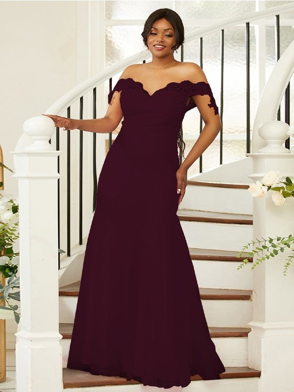 Sheath/Column Stretch Crepe Lace Off-the-Shoulder Sleeveless Floor-Length Bridesmaid Dresses Evening Formal Dress