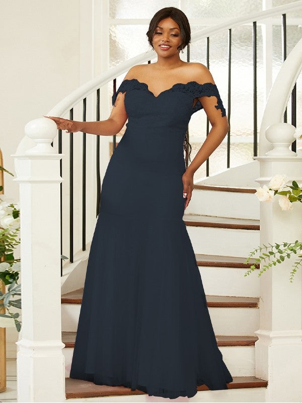 Sheath/Column Stretch Crepe Lace Off-the-Shoulder Sleeveless Floor-Length Bridesmaid Dresses Evening Formal Dress