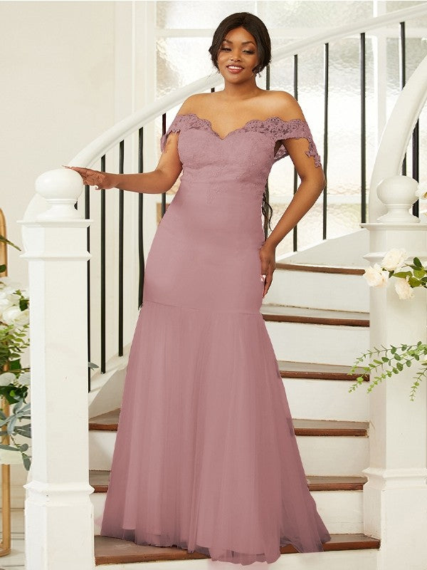 Sheath/Column Stretch Crepe Lace Off-the-Shoulder Sleeveless Floor-Length Bridesmaid Dresses Evening Formal Dress