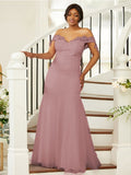 Sheath/Column Stretch Crepe Lace Off-the-Shoulder Sleeveless Floor-Length Bridesmaid Dresses Evening Formal Dress
