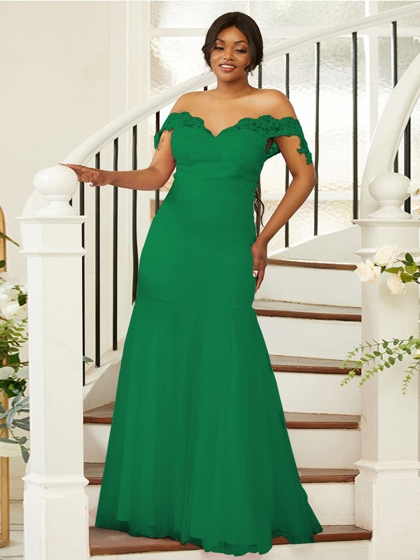 Sheath/Column Stretch Crepe Lace Off-the-Shoulder Sleeveless Floor-Length Bridesmaid Dresses Evening Formal Dress