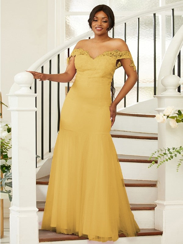 Sheath/Column Stretch Crepe Lace Off-the-Shoulder Sleeveless Floor-Length Bridesmaid Dresses Evening Formal Dress