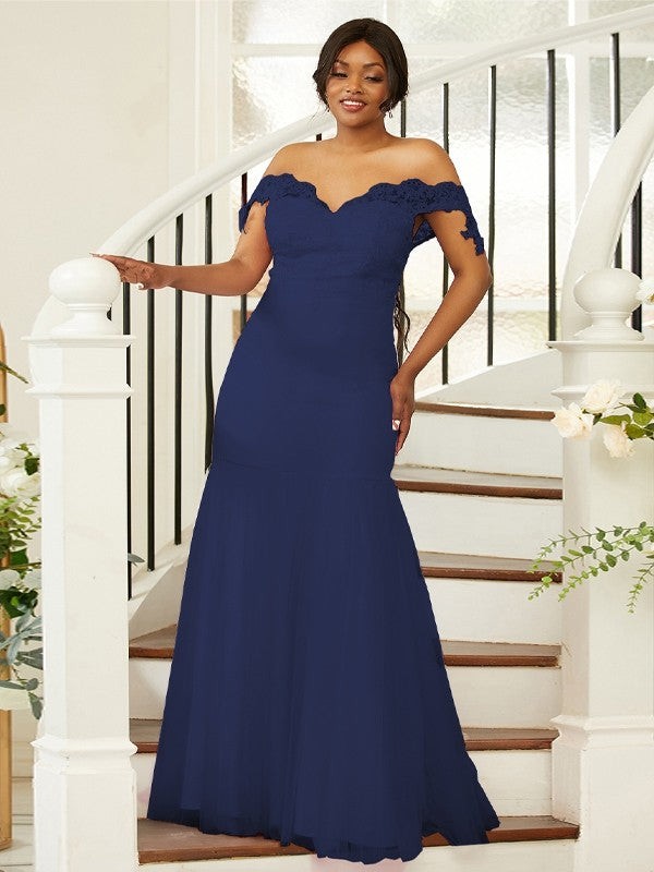 Sheath/Column Stretch Crepe Lace Off-the-Shoulder Sleeveless Floor-Length Bridesmaid Dresses Evening Formal Dress