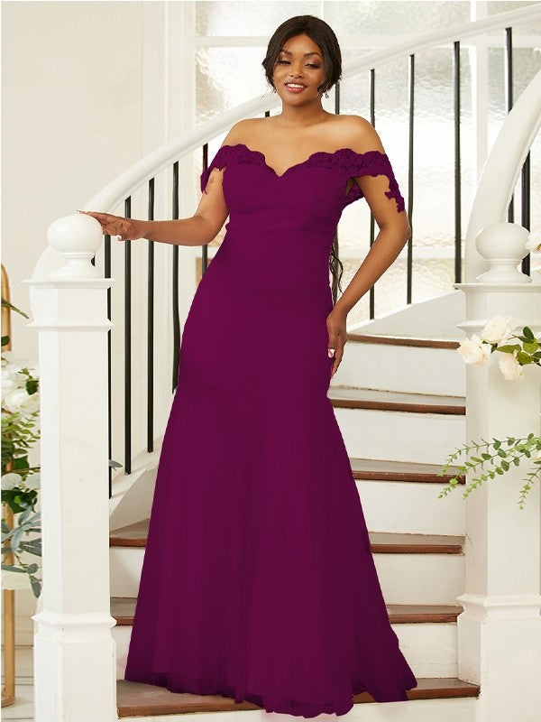 Sheath/Column Stretch Crepe Lace Off-the-Shoulder Sleeveless Floor-Length Bridesmaid Dresses Evening Formal Dress