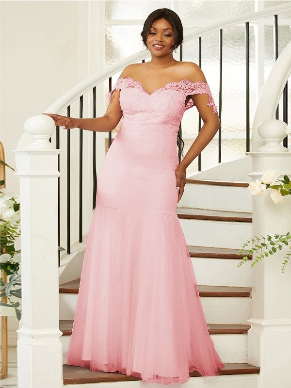 Sheath/Column Stretch Crepe Lace Off-the-Shoulder Sleeveless Floor-Length Bridesmaid Dresses Evening Formal Dress